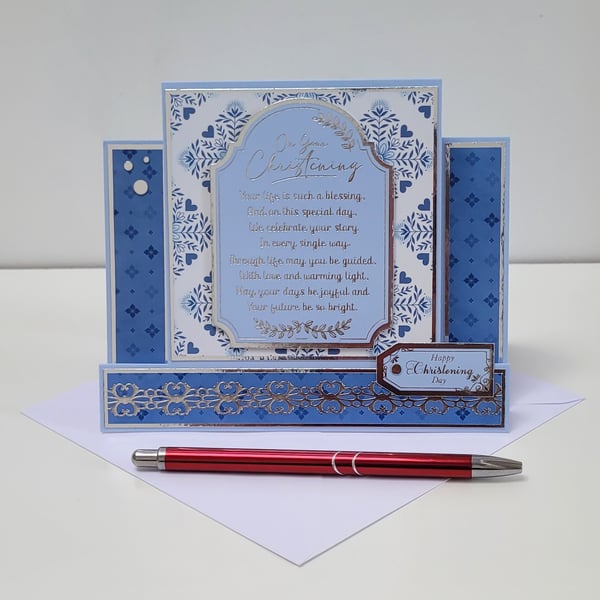 Christening Card - Handmade Blue Baptism Card - Religious Keepsake Card