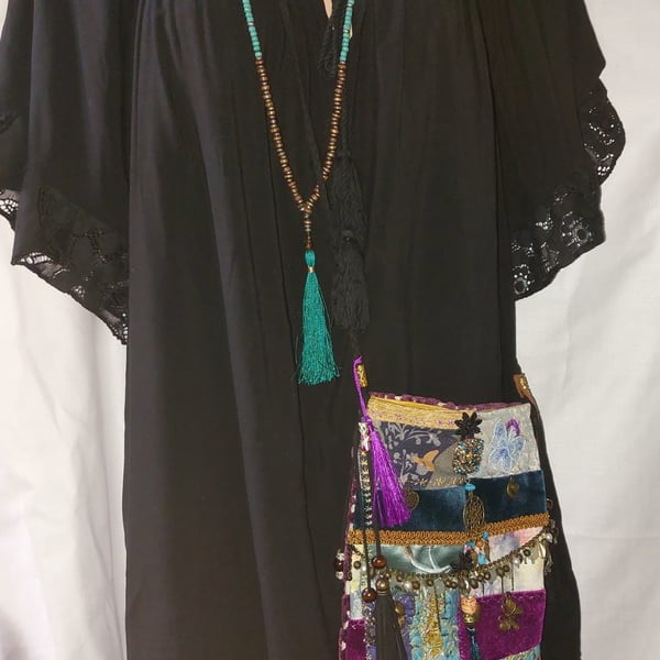Handcrafted embellished purple  teal velvet Bohemian Gypsy Hippie Festival Bag