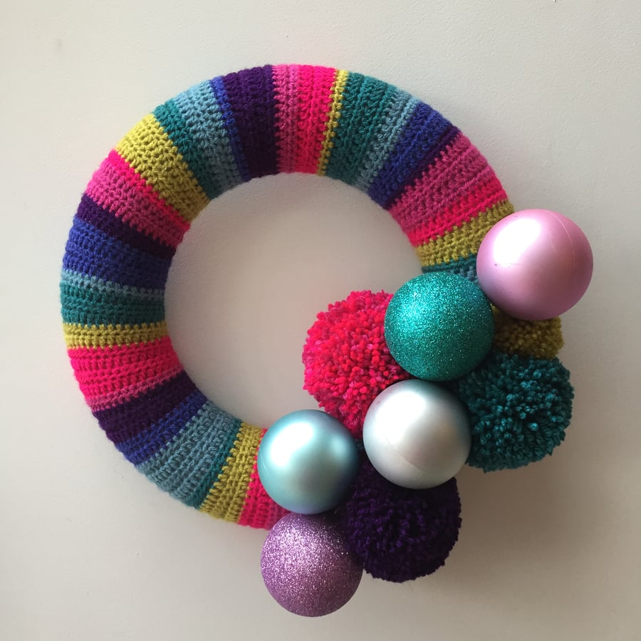 Crochet rainbow Christmas wreath, pompom wreath, bauble wreath, free UK shipping