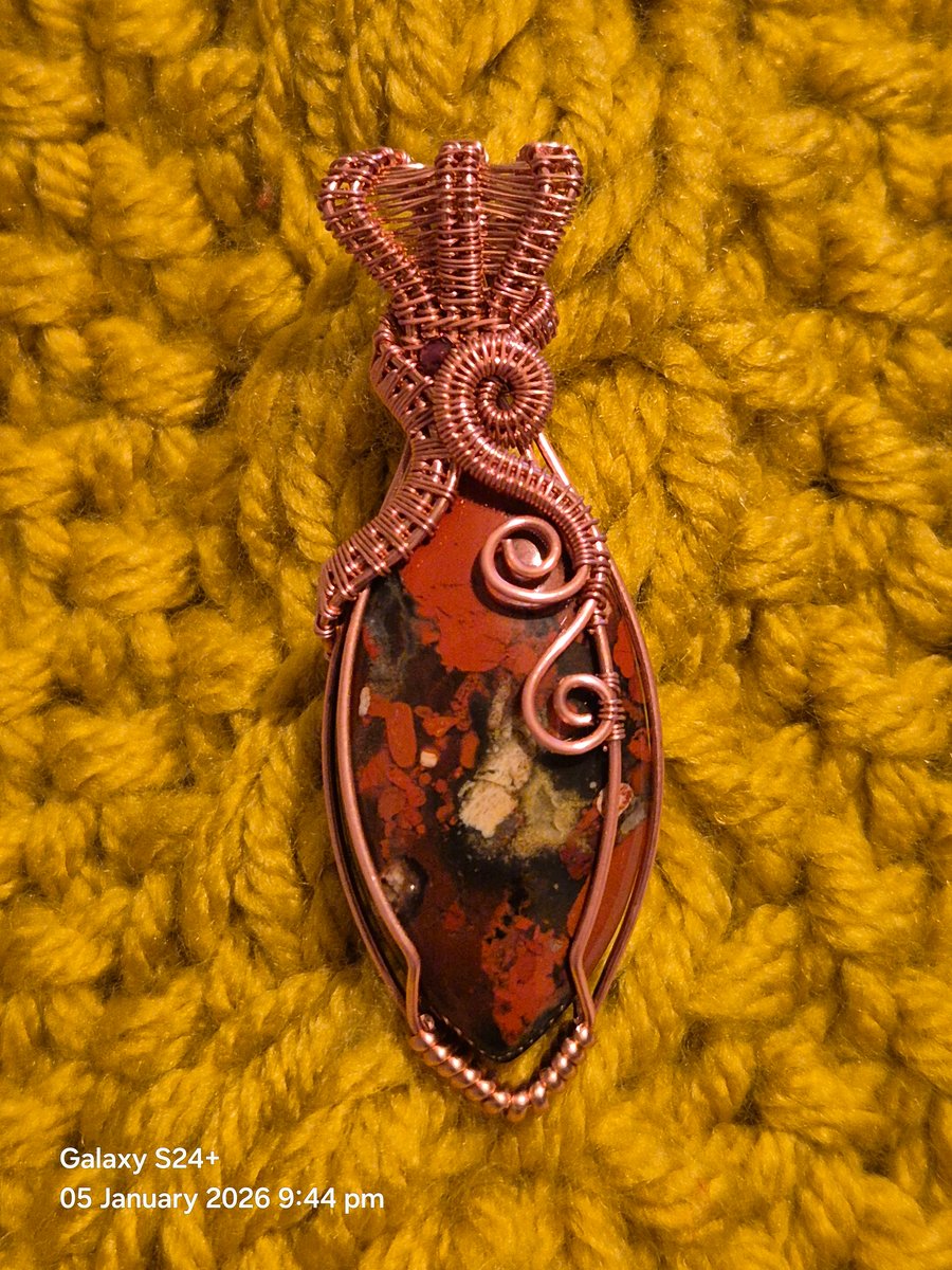 Brecciated Red jasper pendant in hand woven copper