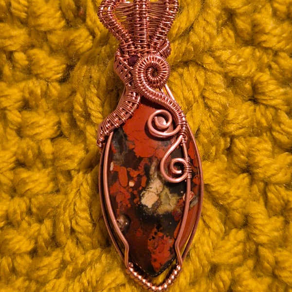 Brecciated Red jasper pendant in hand woven copper