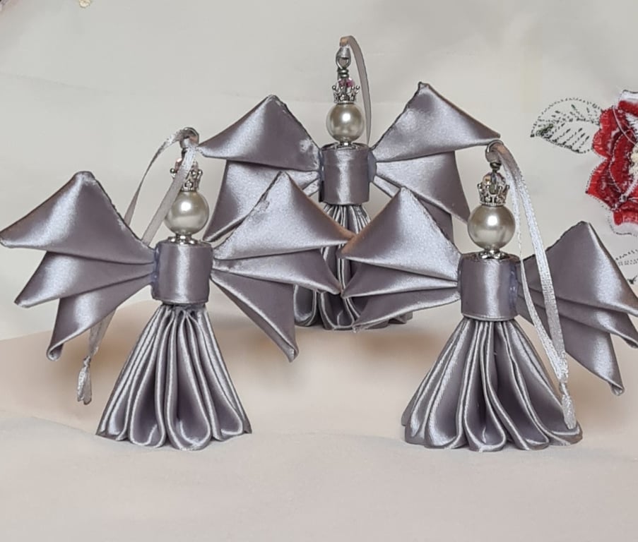 Gorgeous Silvery Ribbon Angels  - Set of 3
