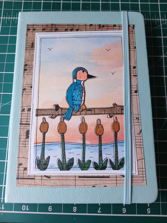 Quirky art, whimsical A5 lined hand decorated quirky kingfishe journal, notebook