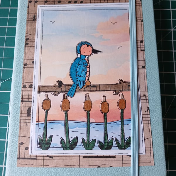 Quirky art, whimsical A5 lined hand decorated quirky kingfishe journal, notebook