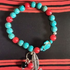 Turquoise Coral Feather stretch to fit Turtle Island charm gemstone bracelet 