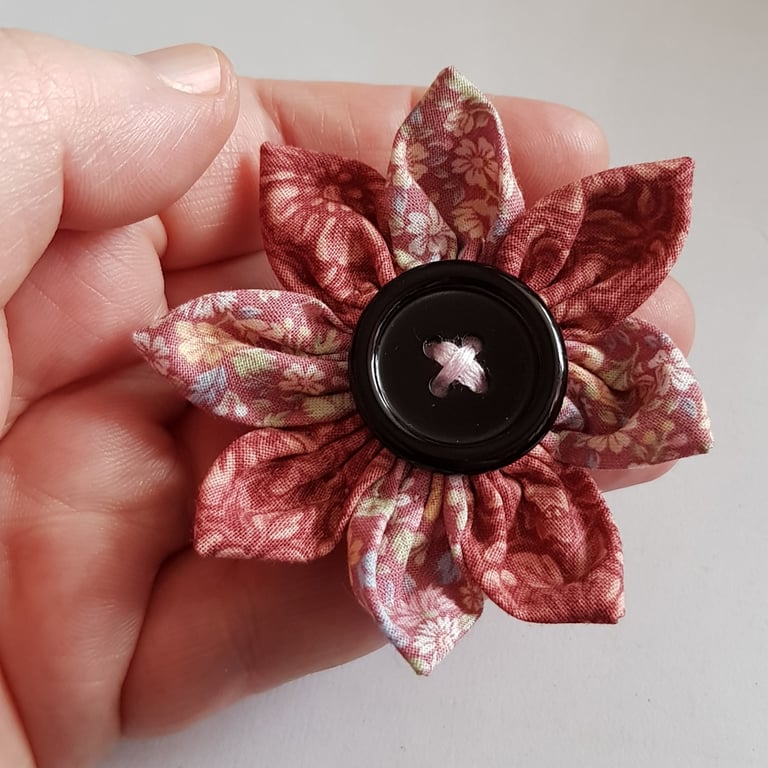 Dusty Rose Floral Fabric Flower Hair Clip with Black Button - One Off Design