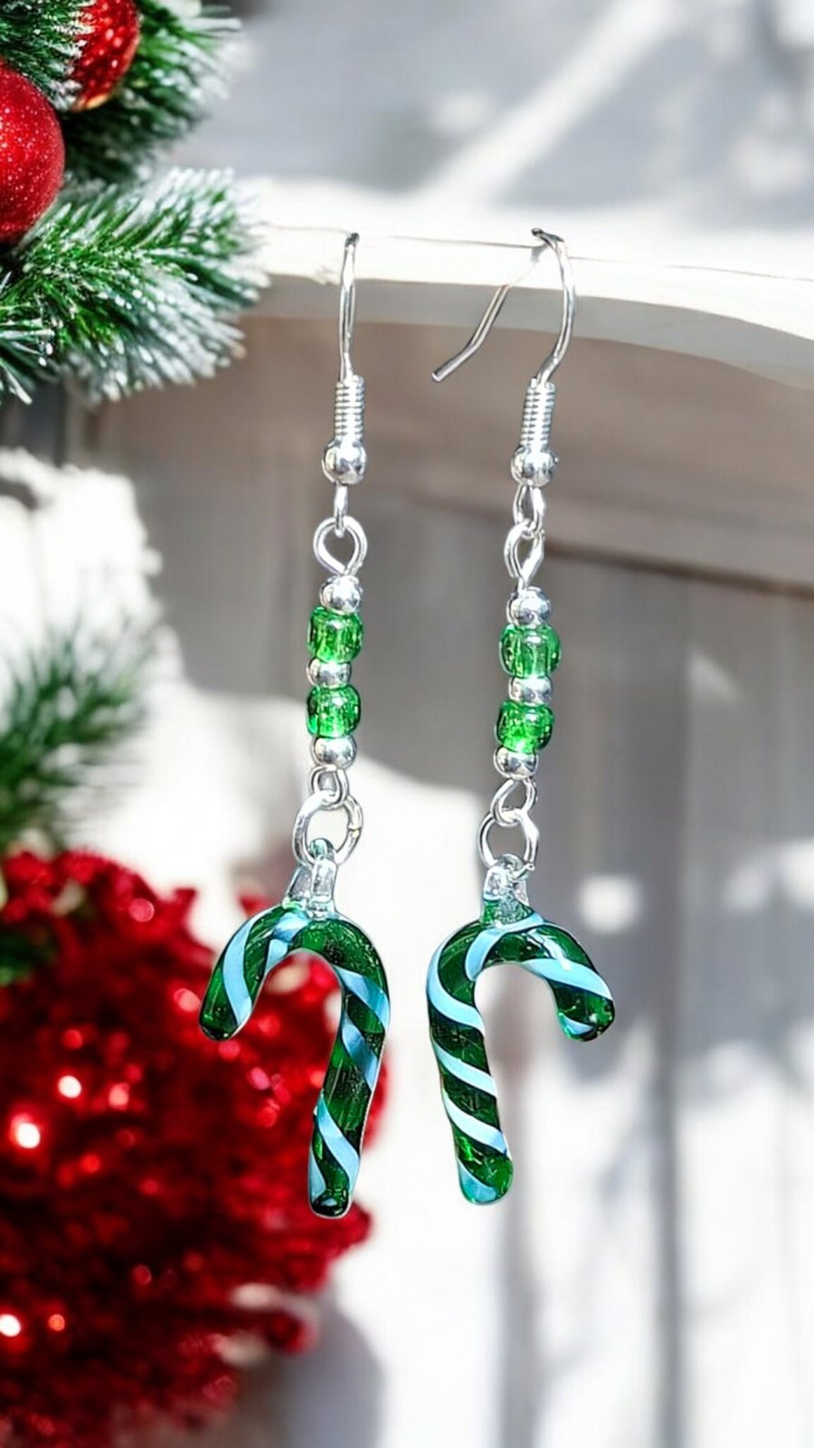 Murano glass Christmas candy earrings, festive jewellery, Christmas gift, long e