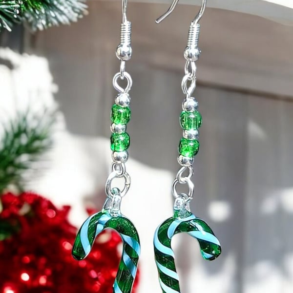 Murano glass Christmas candy earrings, festive jewellery, Christmas gift, long e