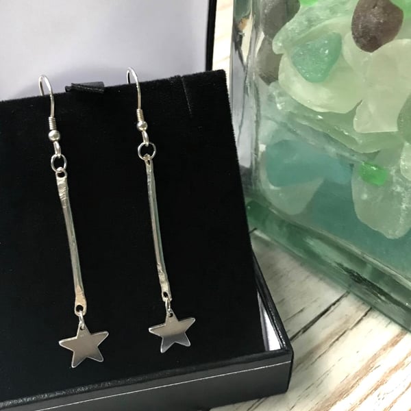 Handmade Sterling Silver Star Drop Earrings - Unique 925 Silver Jewellery