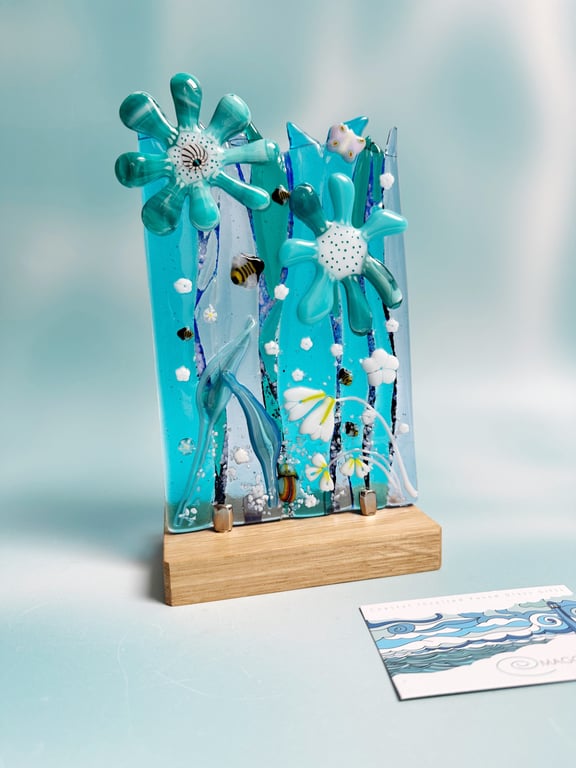 Fused Glass Floral Panel on Oak Stand