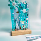 Fused Glass Floral Panel on Oak Stand