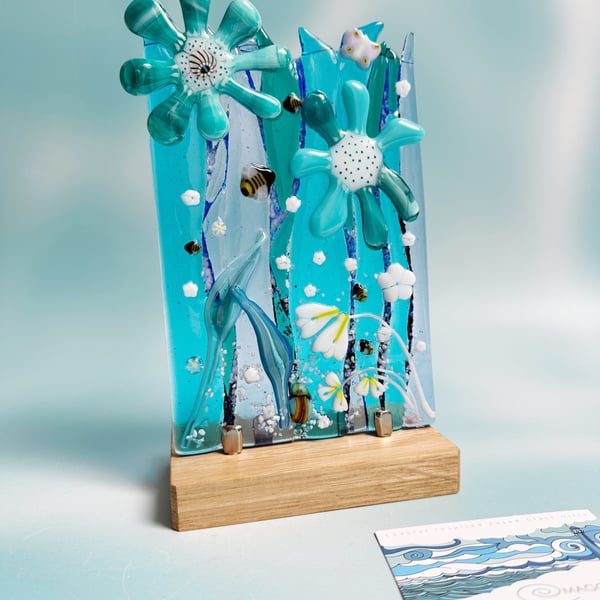 Fused Glass Floral Panel on Oak Stand