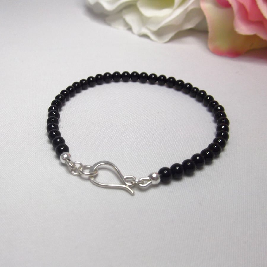 Black Agate gemstone bracelet of small round beads with recycled sterling silver