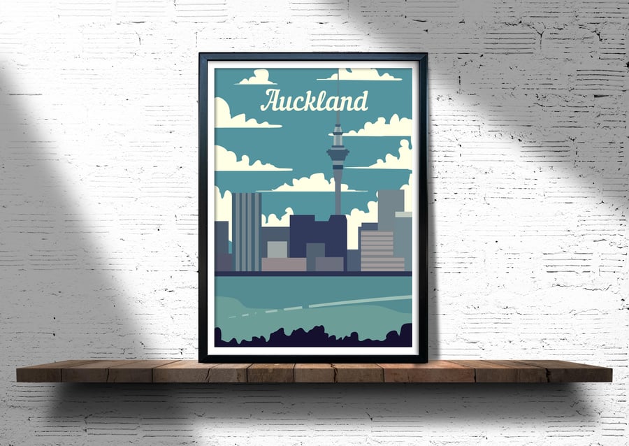 Auckland retro travel poster, Auckland city art print, New Zealand travel poster