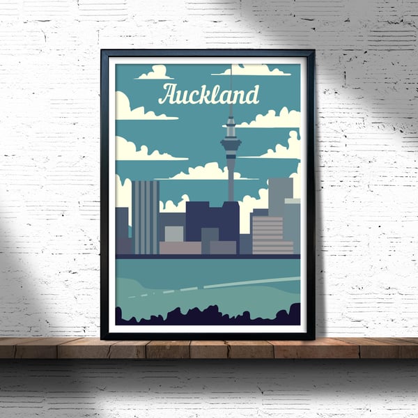 Auckland retro travel poster, Auckland city art print, New Zealand travel poster