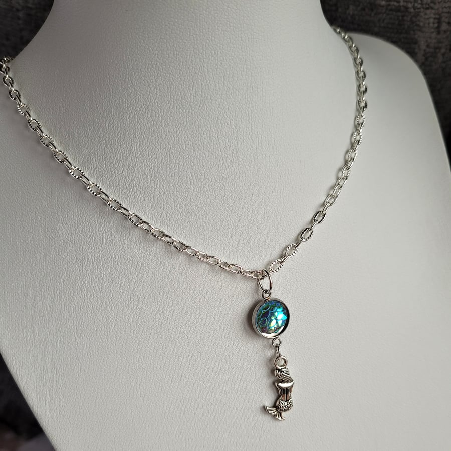 Tiny Treasures Mermaid Necklace, Iridescent Scales Cabochon, Minimalist Necklet