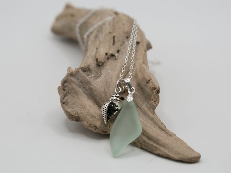 Sterling silver aqua sea glass necklace and coastal charm