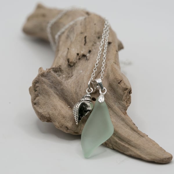 Sterling silver aqua sea glass necklace and coastal charm