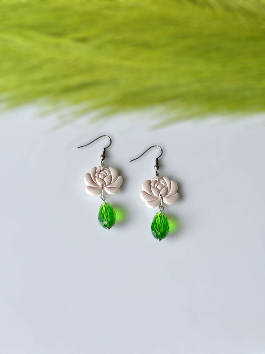 White Rose Polymer Clay and Green Glass Drop Earrings