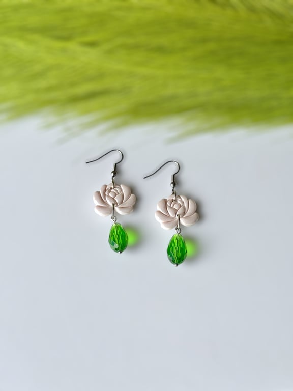 White Rose Polymer Clay and Green Glass Drop Earrings