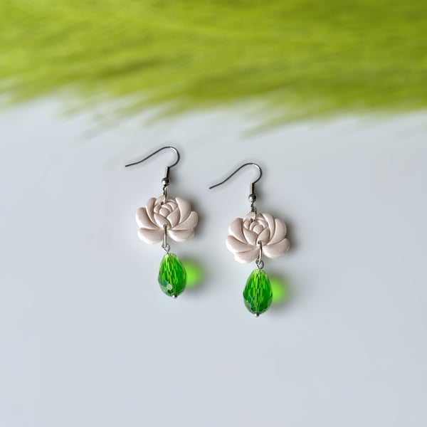 White Rose Polymer Clay and Green Glass Drop Earrings