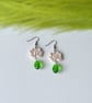 White Rose Polymer Clay and Green Glass Drop Earrings