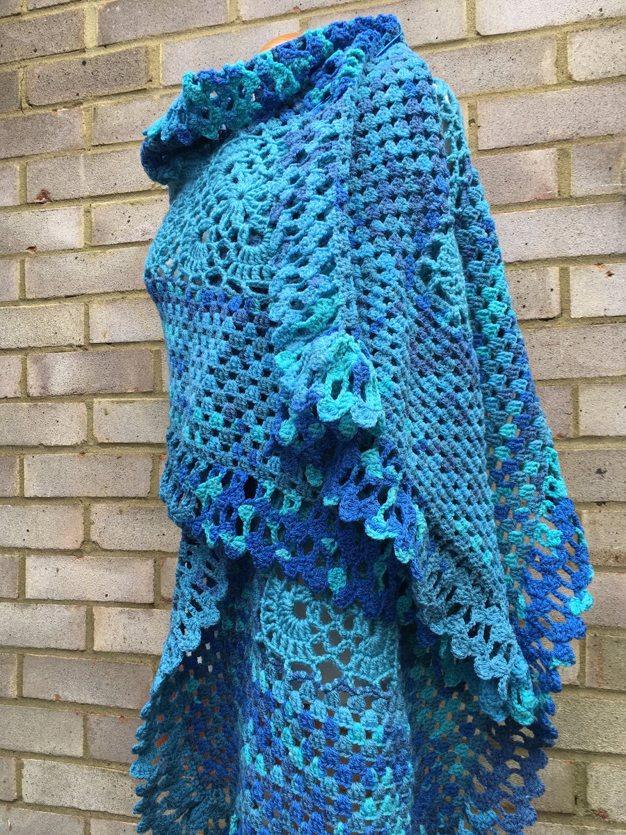 Caribbean Sea Turquoise Blue Crochet Shawl - Comfort Blanket