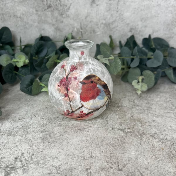 Decoupage Upcycled Small Glass Bud Vase - Robin in Blossom, Home Decor