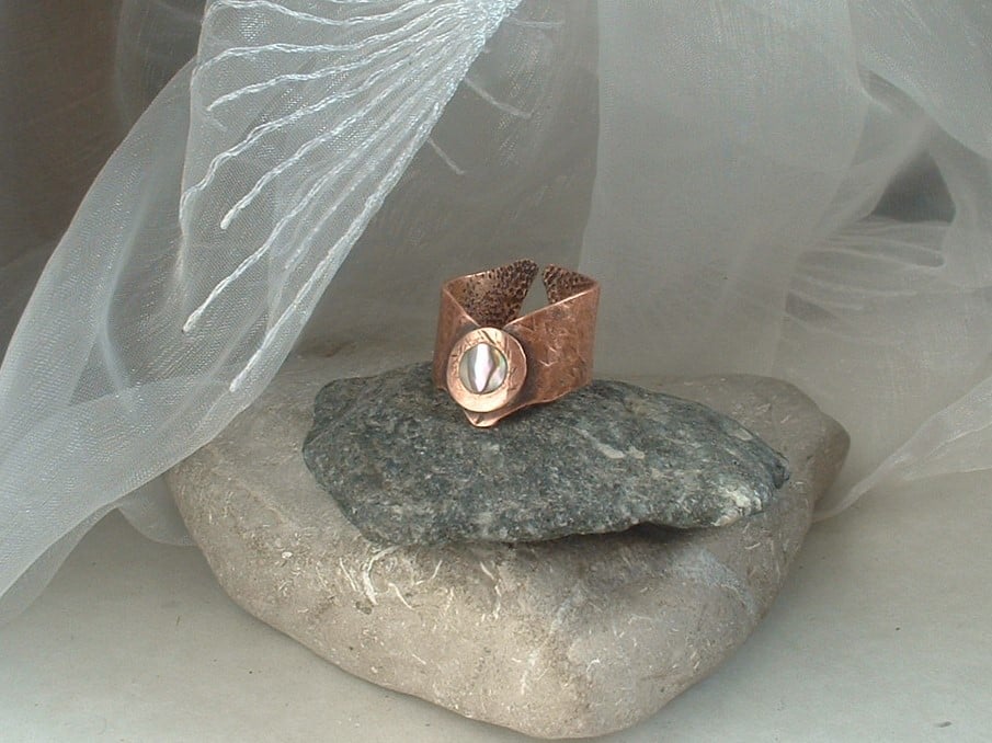 Rustic Copper "Elven Warrior" Thumb or Finger Ring with mother of pearl