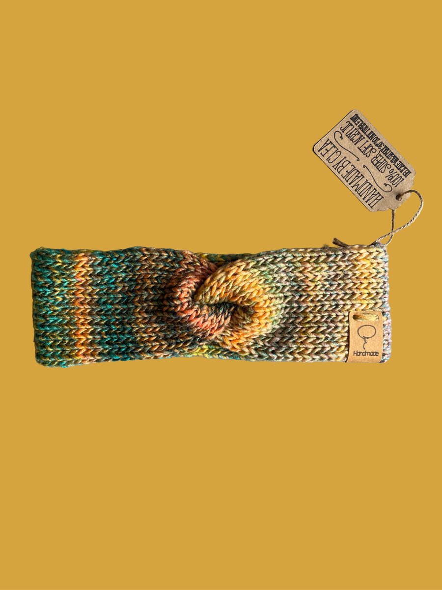 Handmade knitted crossover headband in autumnal colours - narrow band