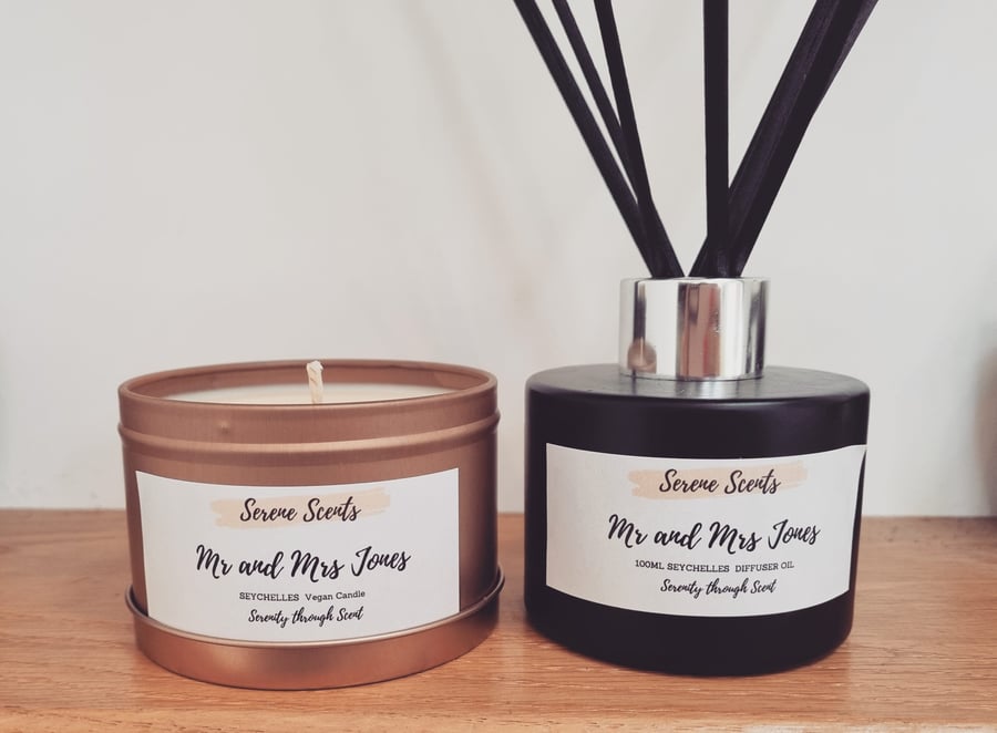 Personalised Wedding Gift. Reed Diffuser and Candle Set.