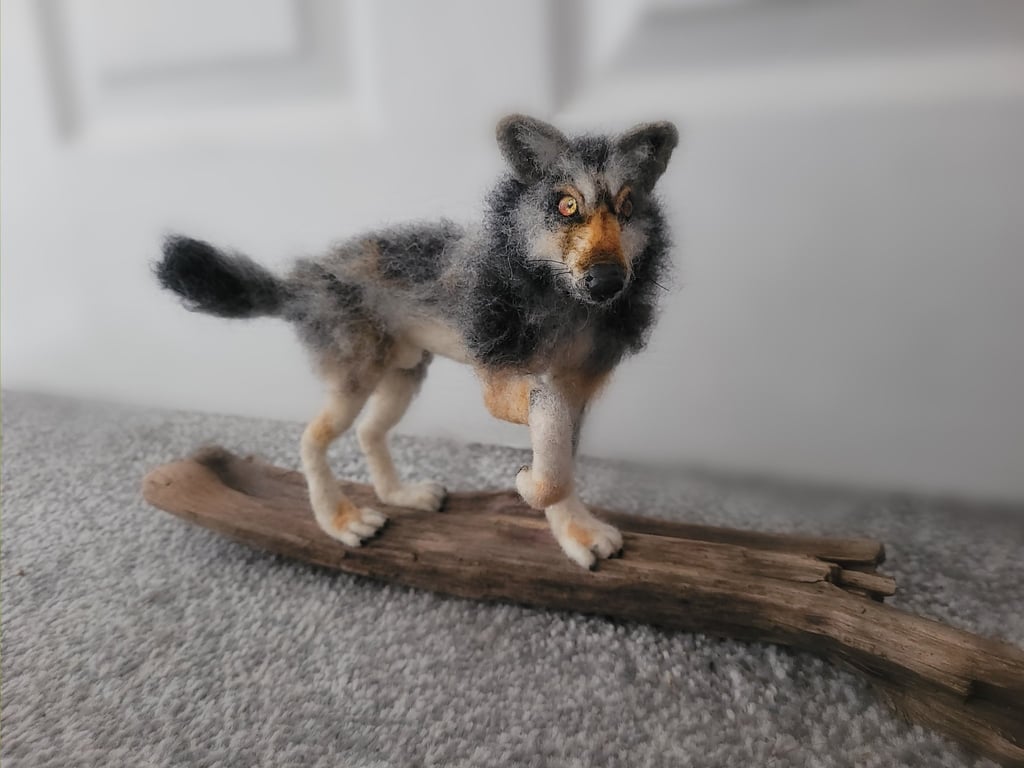 Realistic Needle Felted Grey Wolf Sculpture