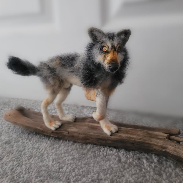 Realistic Needle Felted Grey Wolf Sculpture