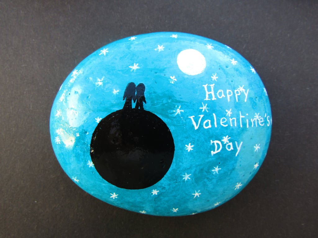 Valentines Day Gift, Painted Rock, Moon Stars Romantic Love Art, Space Couple