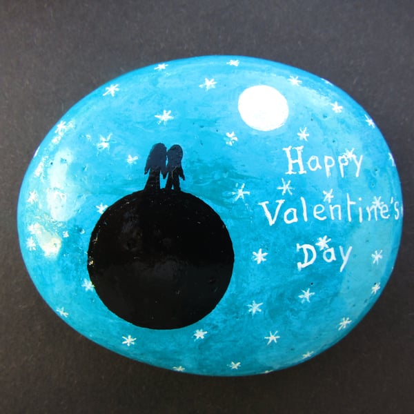 Valentines Day Gift, Painted Rock, Moon Stars Romantic Love Art, Space Couple