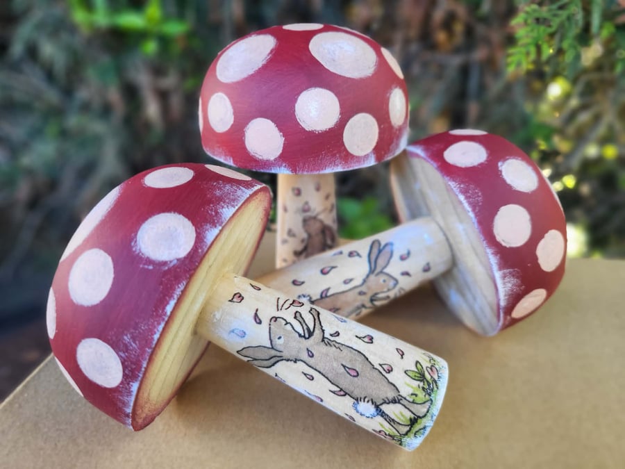 Wooden Toadstool with Bunny Illustration ,Forest Nursery Decor,Rabbit ornament