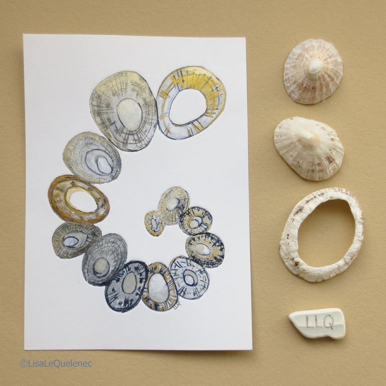 Original drypoint and mixed media limpet sea shell spiral coastal mini picture