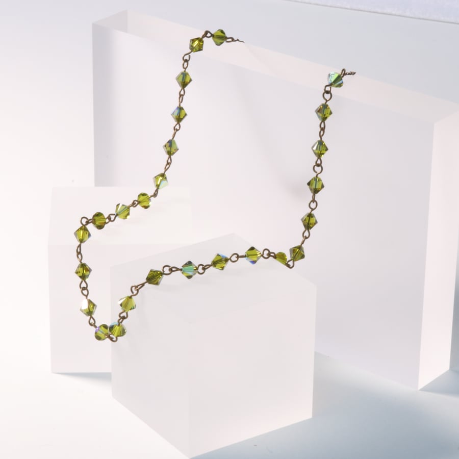 Crystal Necklace in Olive Green and Antique Gold 