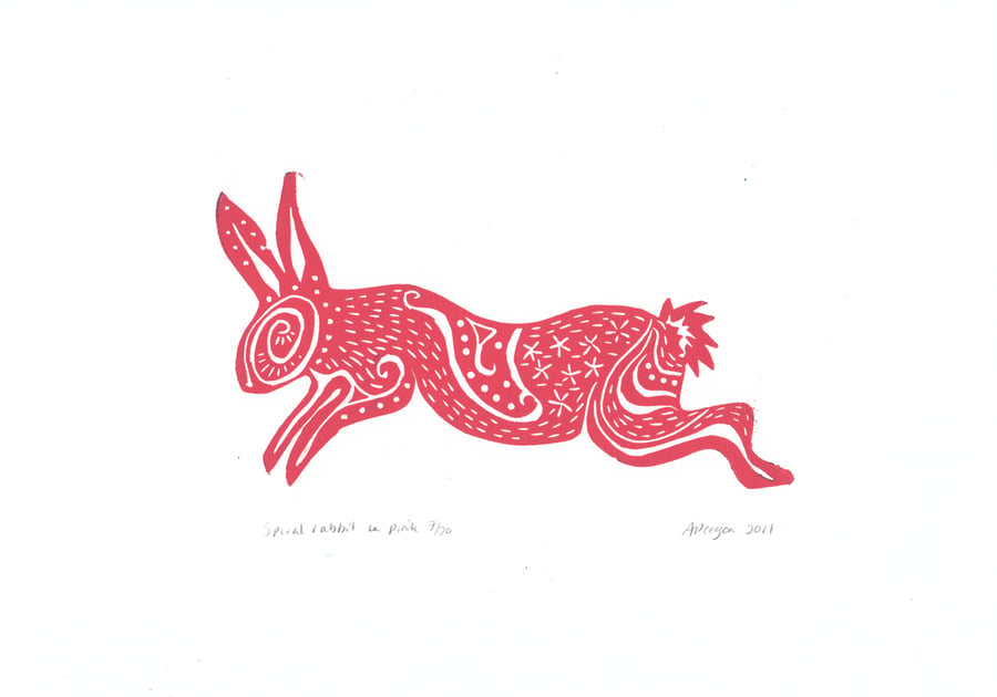 Original lino cut print "Spiral Rabbit in Pink"