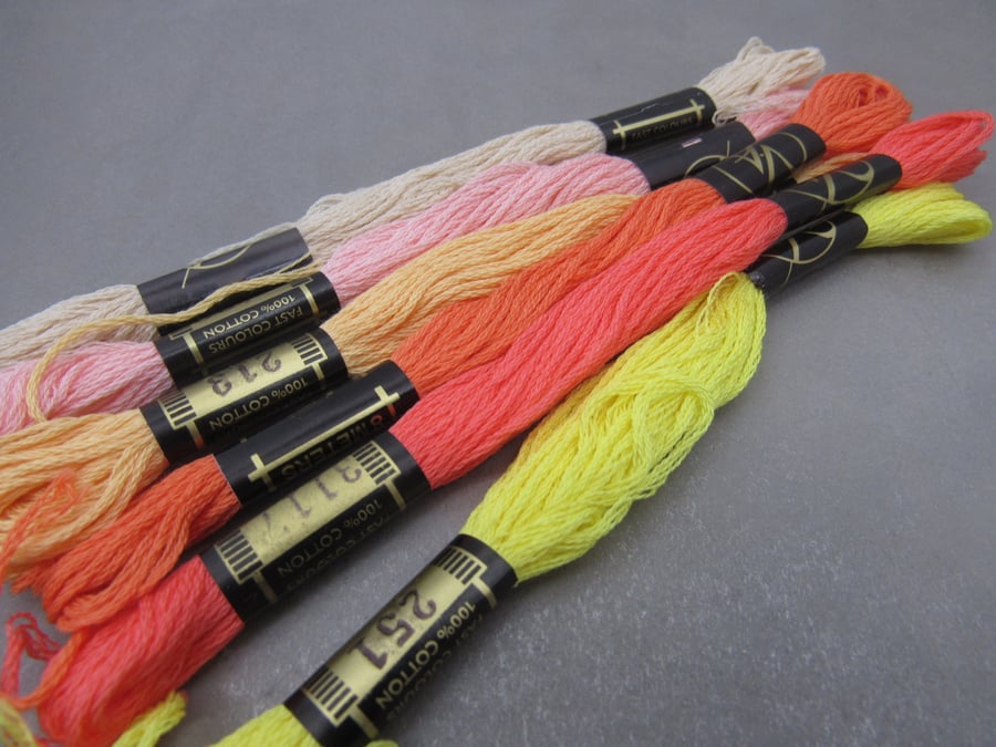 6 Skeins Mixed Yellow, Orange, Pink All Cotton Embroidery Thread Floss Pack
