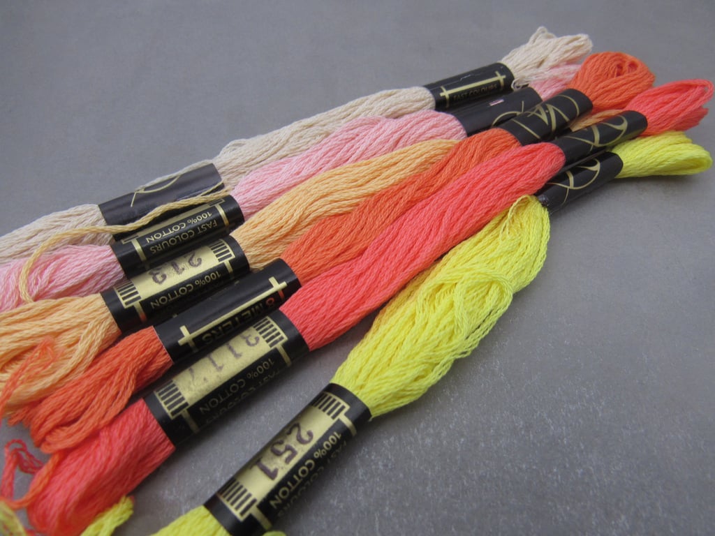 6 Skeins Mixed Yellow, Orange, Pink All Cotton Embroidery Thread Floss Pack