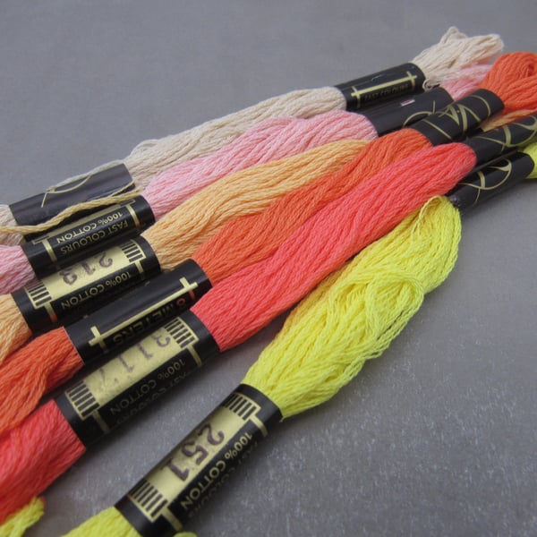 6 Skeins Mixed Yellow, Orange, Pink All Cotton Embroidery Thread Floss Pack