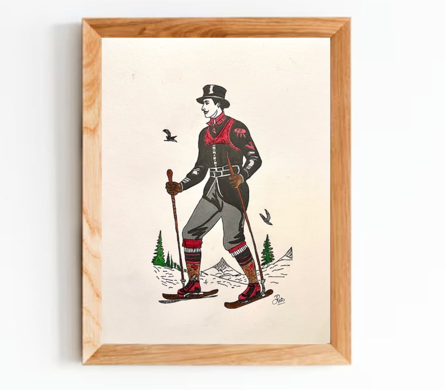 'Vintage Skier'  hand drawn in acrylics and fine liner.