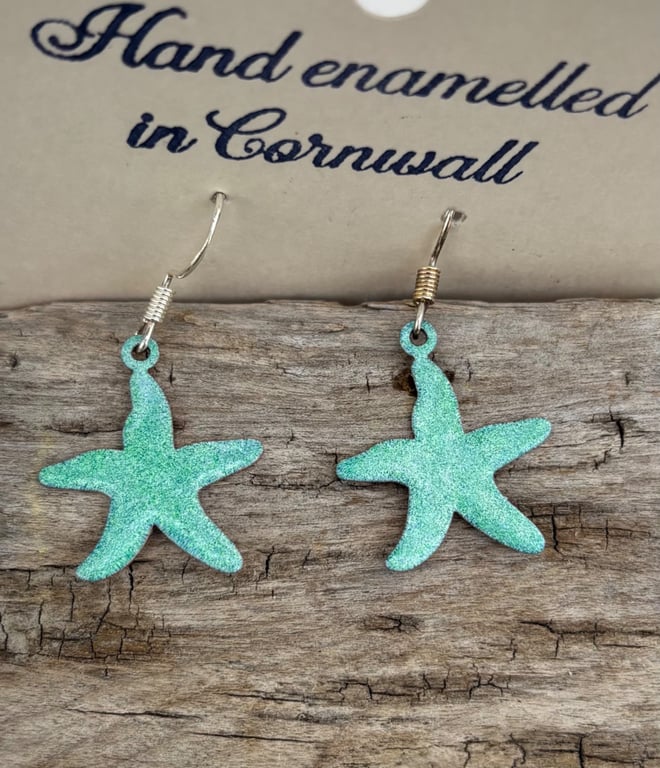 Hand enamelled starfish earrings on sterling silver ear hooks 
