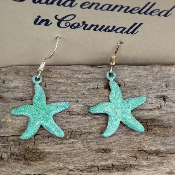 Hand enamelled starfish earrings on sterling silver ear hooks 