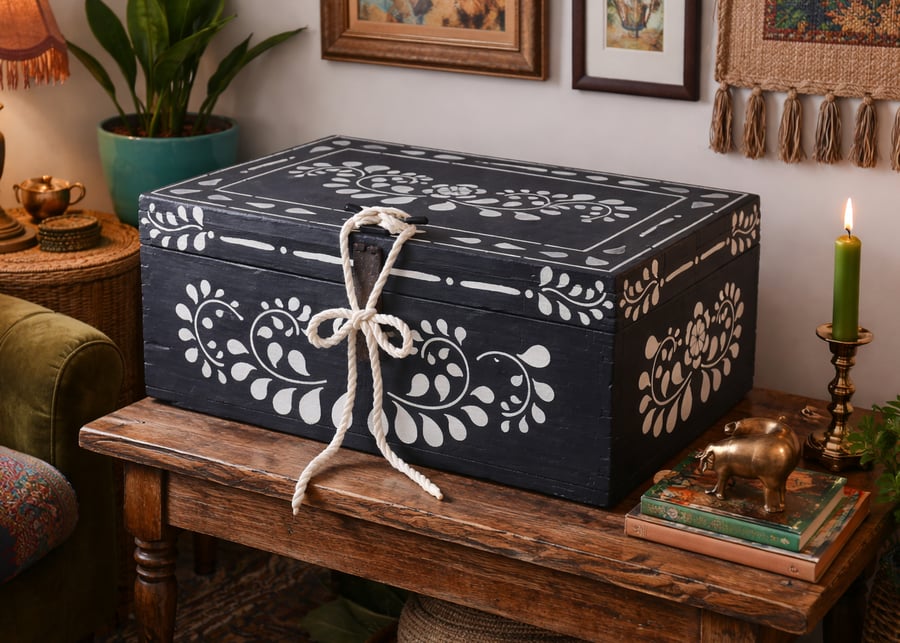 Hand-Painted Wooden Storage Box – Antique Nautical Fishing Boat Chest