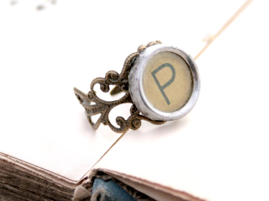 monogram ring with custom letter from typewriter key adjustable brown ring