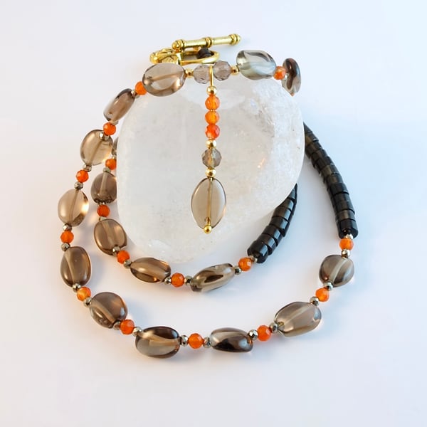 Smoky Quartz Necklace With Faceted Carnelian And Pyrite - Handmade In Devon