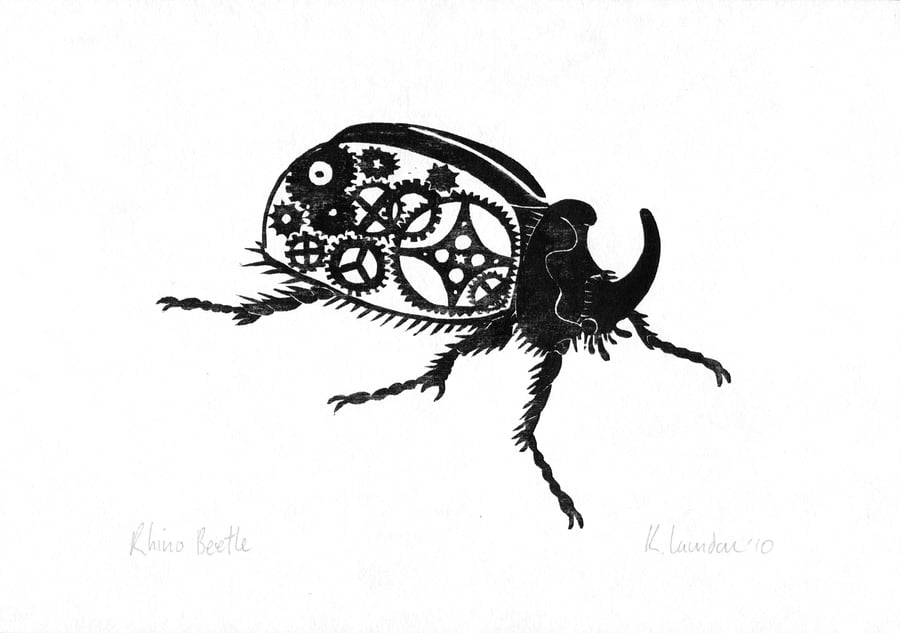 Rhino beetle: Woodcut Print (FREE UK POSTAGE)