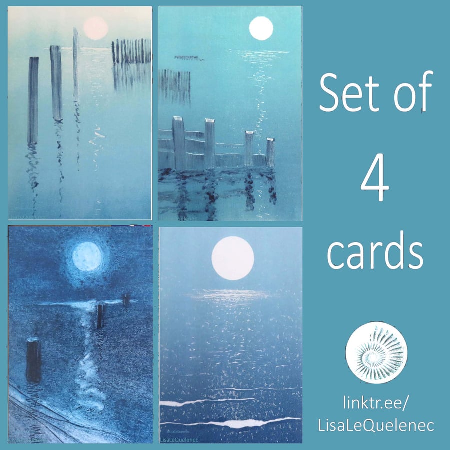Moon on the sea cards set  four notelets coastal images bundle plastic free